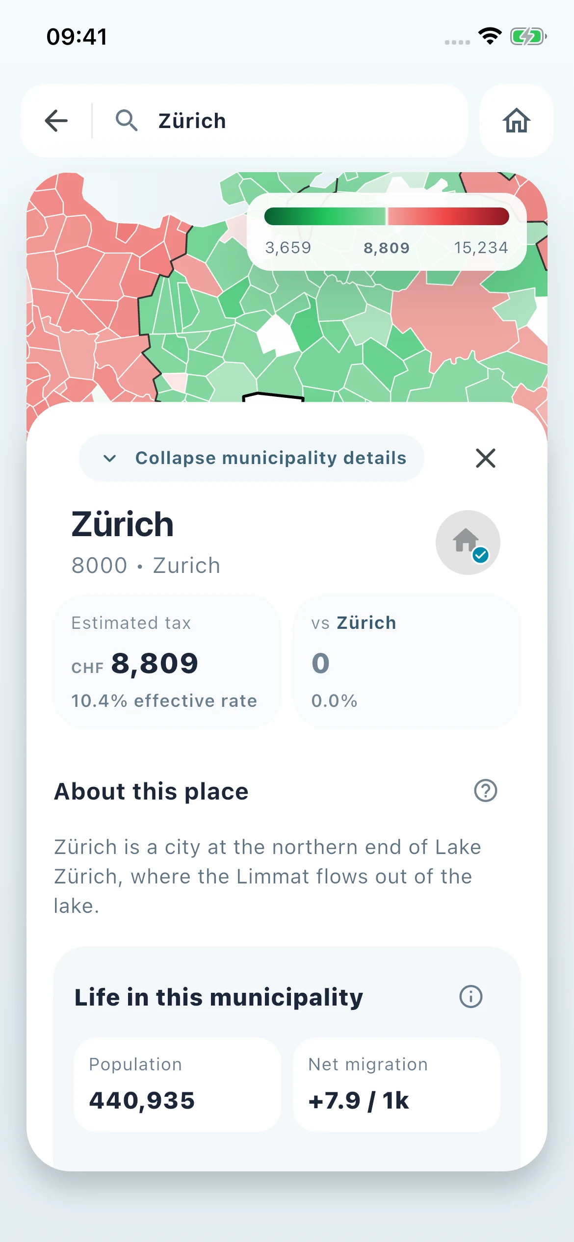 Untaxed municipality details for Zürich, including population and local amenities