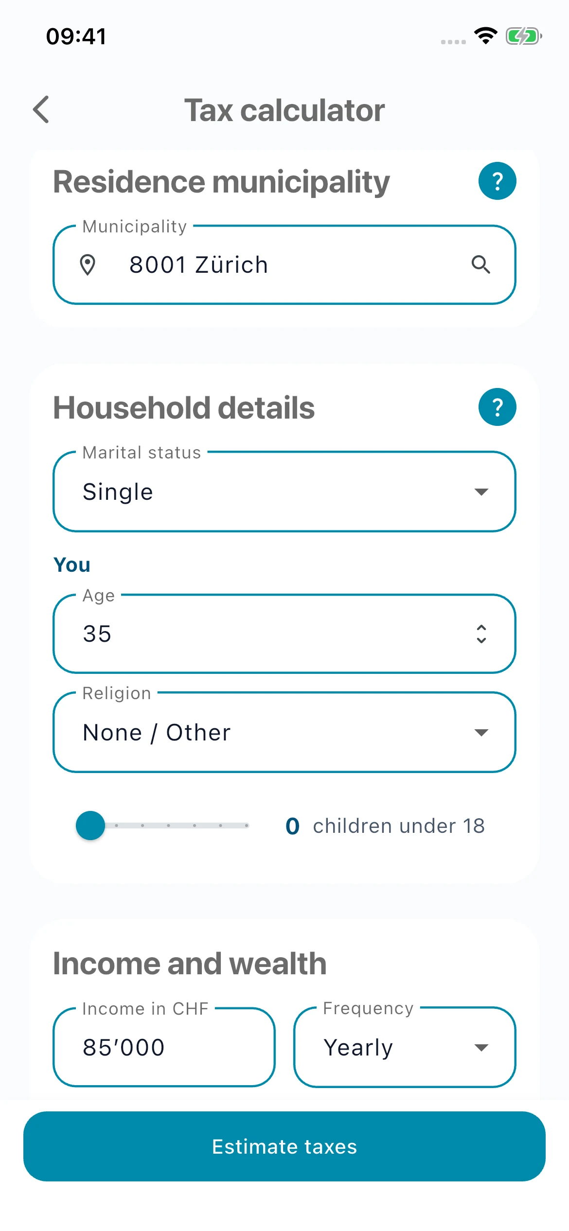 Untaxed tax calculator with Zürich selected