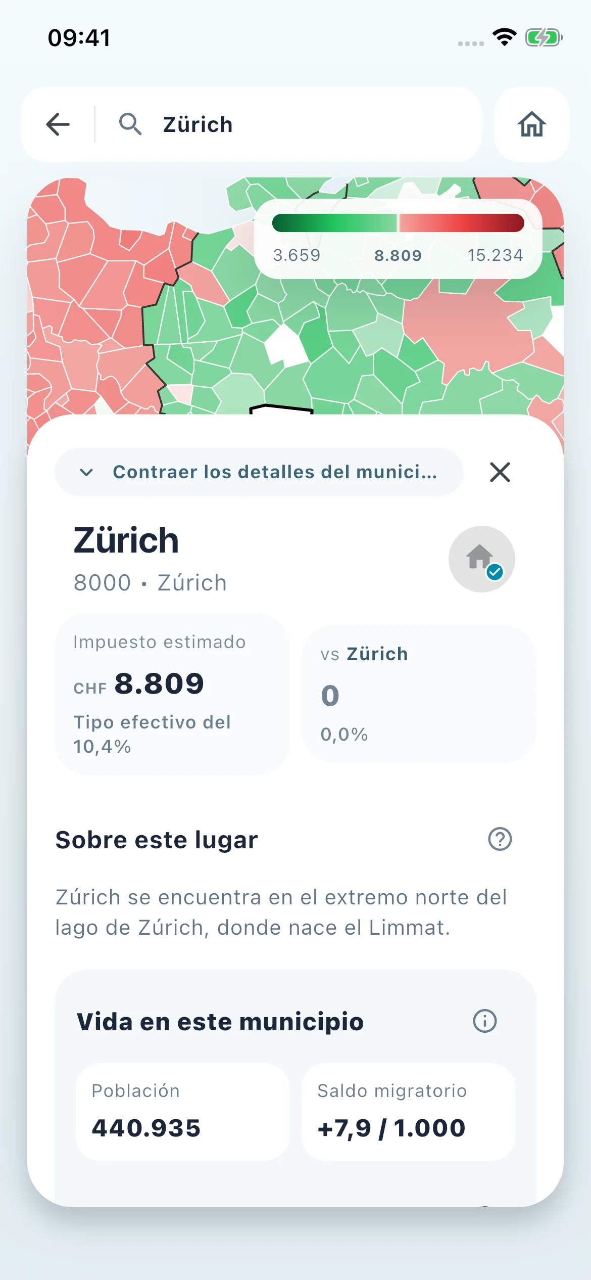 Detalles del municipio de Zúrich en Untaxed, con población y servicios locales
