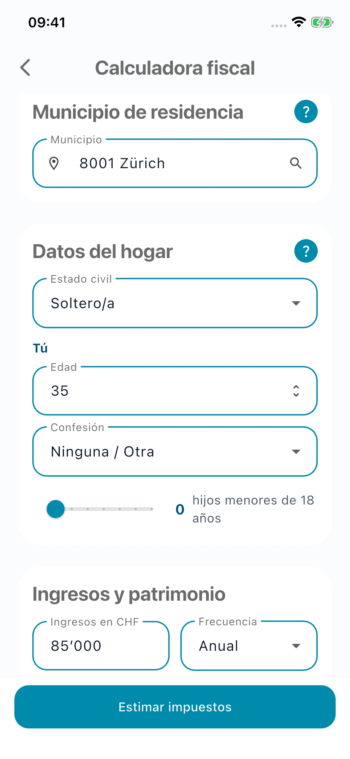 Calculadora fiscal de Untaxed con Zürich seleccionado