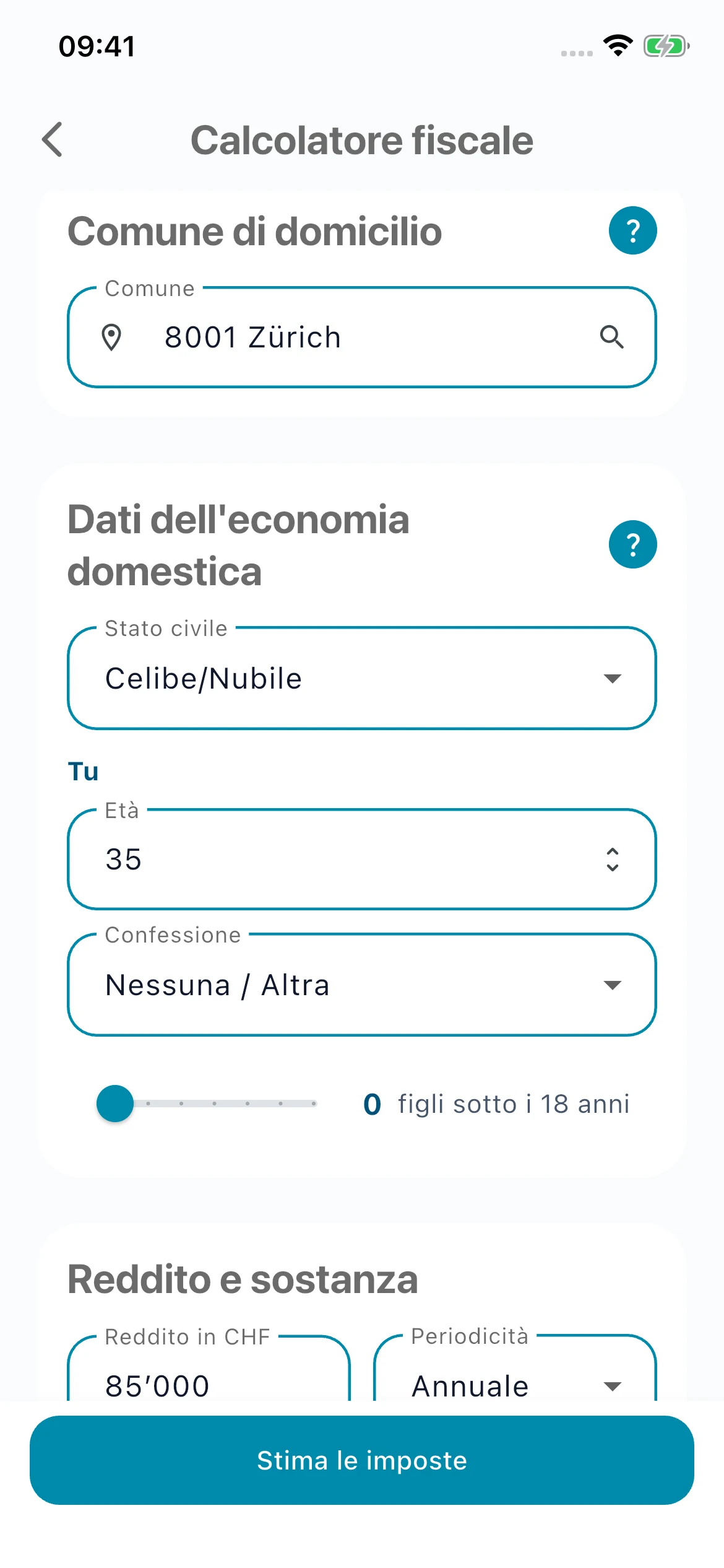 Calcolatore fiscale Untaxed con Zürich selezionato